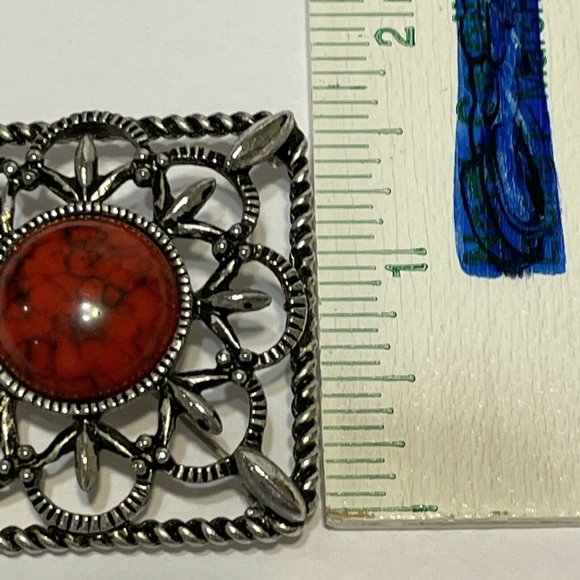 Vintage Sarah Coventry Silver Tone Square Pin Red Orange Stone Brooch Open Work - Picture 5 of 7